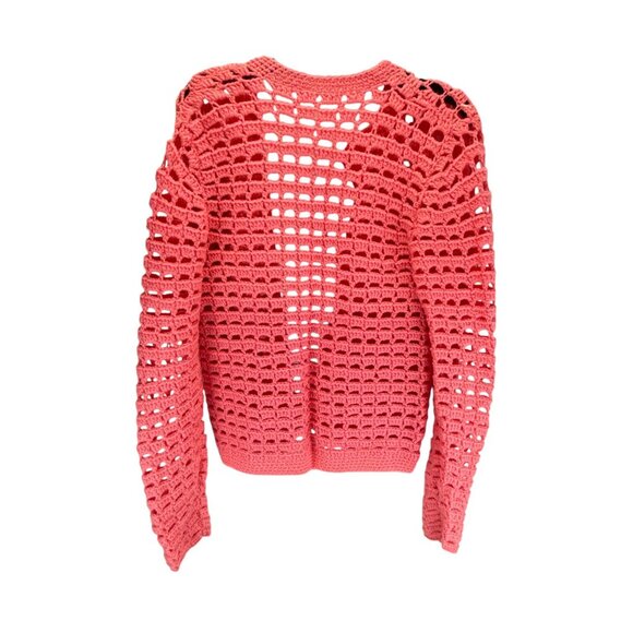 Handmade Coral Pink Open Knit Crochet Cardigan Sweater Long Sleeve Womens Medium - Picture 4 of 7